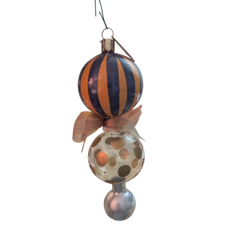 Mackenzie Childs Hand Blown Glass Christmas Ornament Orange‎ Blue Stripes